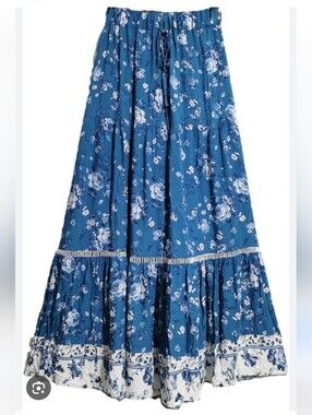 NWT Simplee Blue Floral Tiered Maxi Skirt With Lattice Trim Size Large Fits M